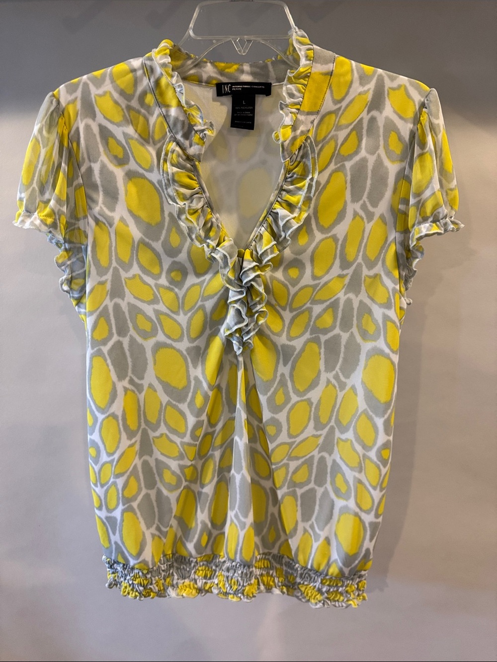 INC International Concepts Yellow & Gray Ruffle V-Neck Print Blouse